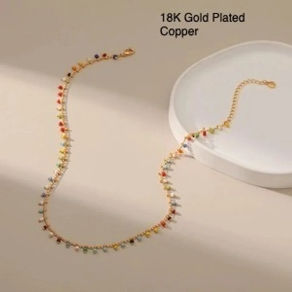 18K‎ Gold Plated Multi Color Seed Bead Choker Necklace Adjustable Boho Station